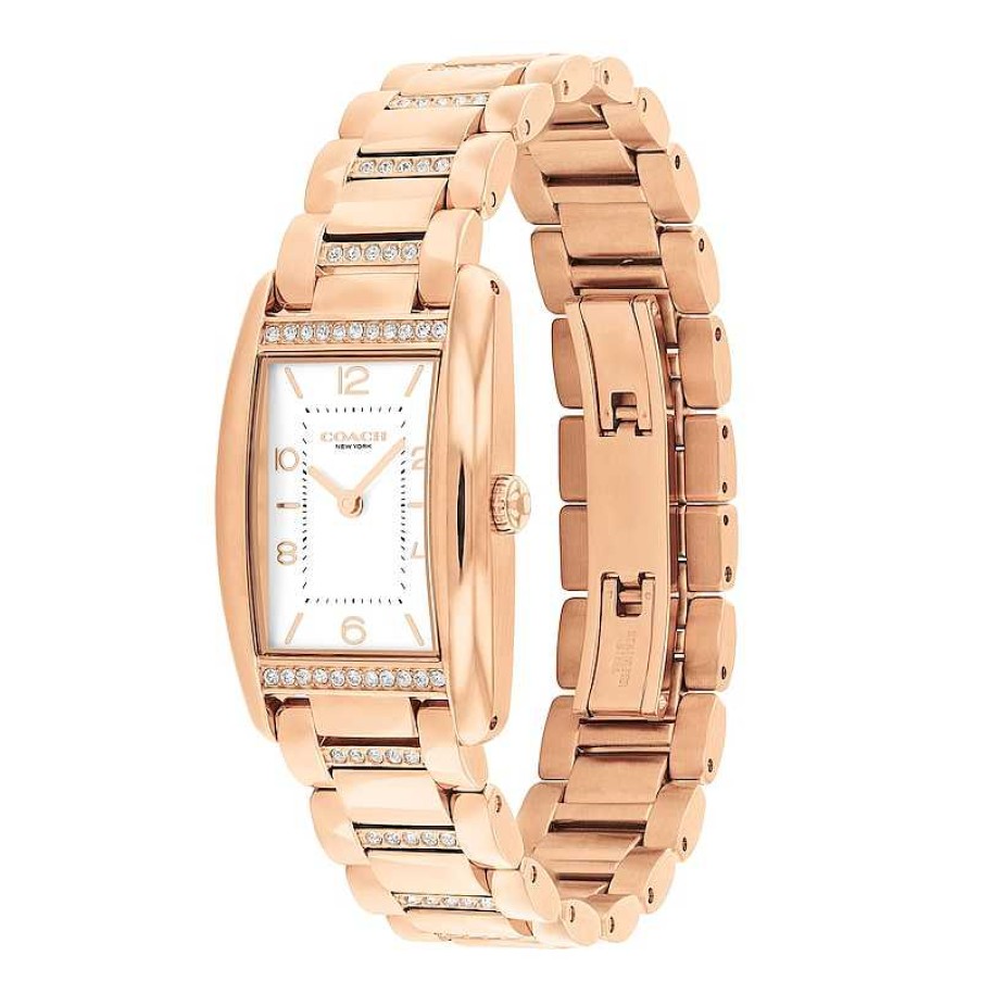 Coach Ladies' Coach Reese Crystal Accent Rose-Tone Ip Watch With Rectangular White Dial (Model: 14504317) Watches