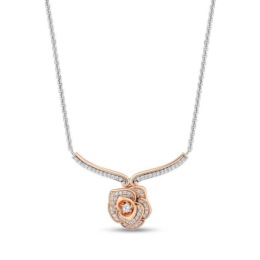 Zales Enchanted Disney Belle 1/4 Ct. T.W. Diamond Rose Chevron Necklace In Sterling Silver And 10K Rose Gold Necklaces