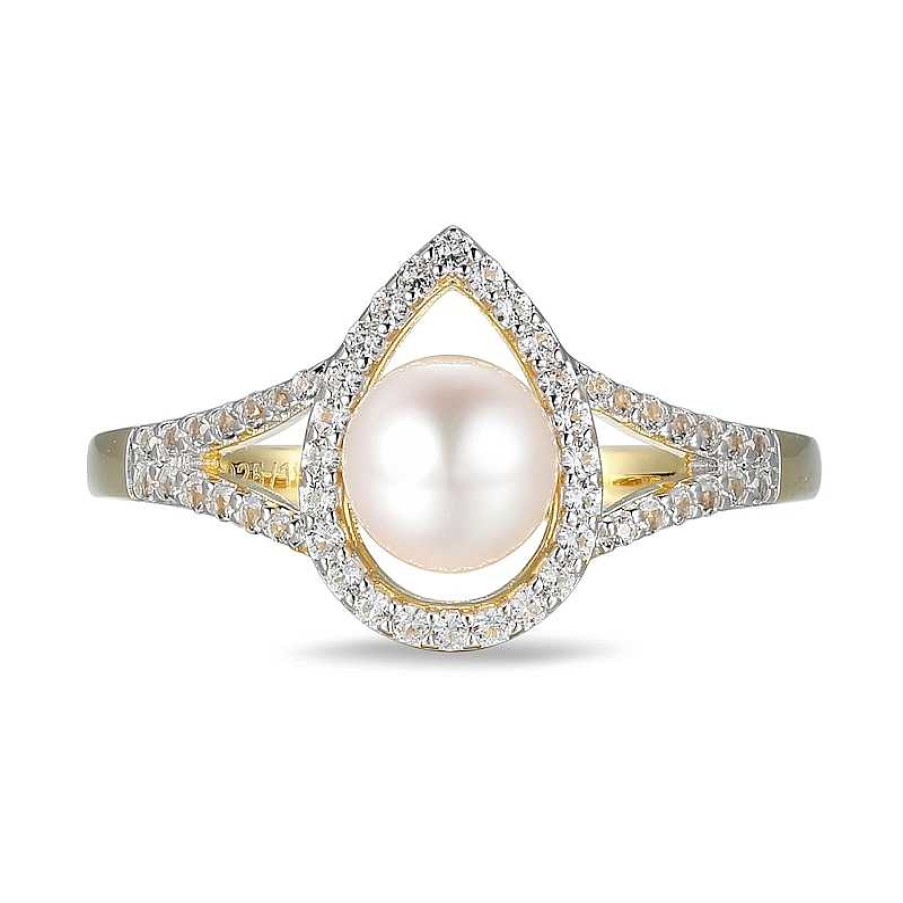 Zales 5.5-6.0Mm Cultured Freshwater Pearl And White Lab-Created Sapphire Ring In Sterling Silver With 18K Gold Plate Rings