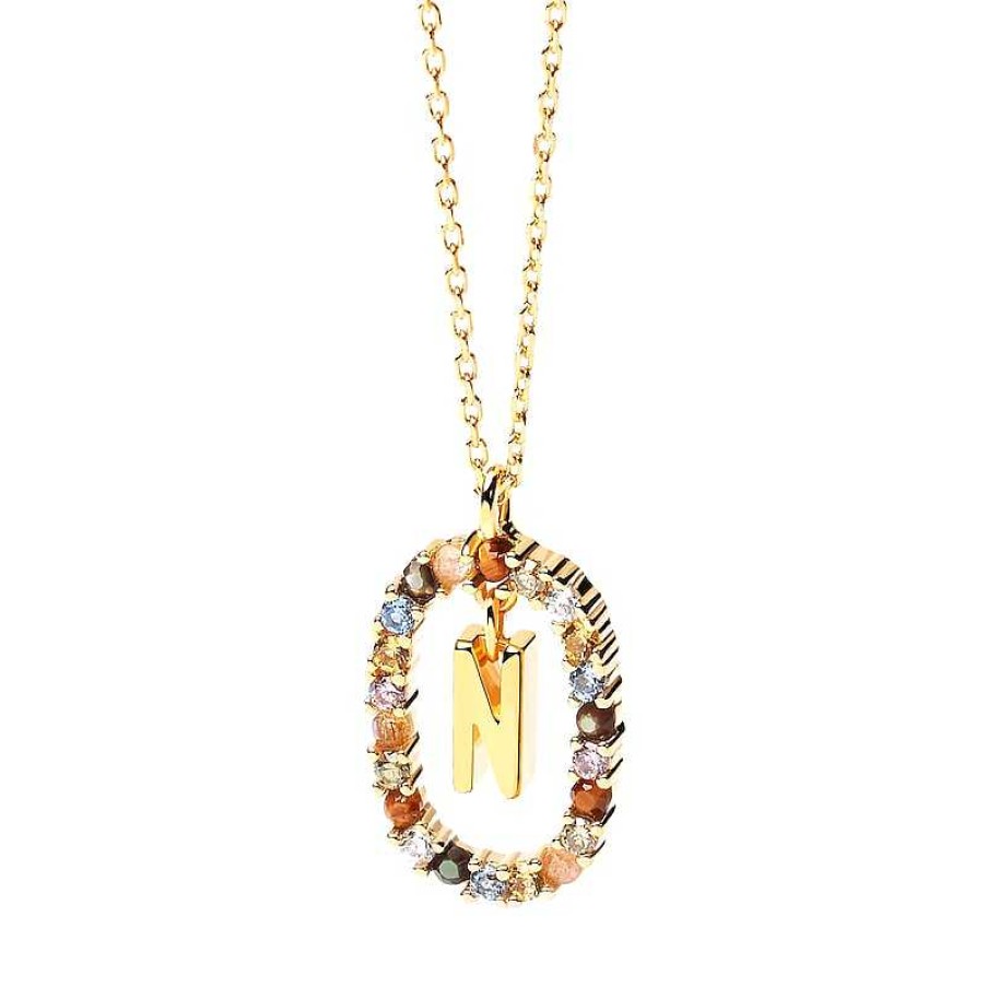 Zales Pdpaola At Zales Multi-Color "N" Pendant In Sterling Silver With 18K Gold Plate Necklaces