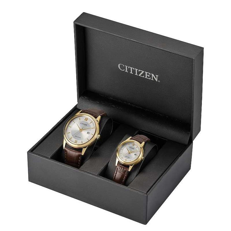 Citizen His & Hers Citizen Eco-Drive® Gold-Tone Brown Leather Strap Watch With Ivory Dial Set (Model: Pairs-Retail-0103-A) Watches