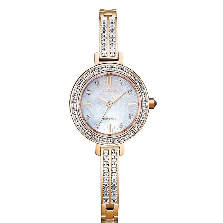 Citizen Ladies' Citizen Eco-Drive® Silhouette Crystal Rose-Tone Bangle Watch With Mother-Of-Pearl Dial (Model: Em0863-53D) Watches