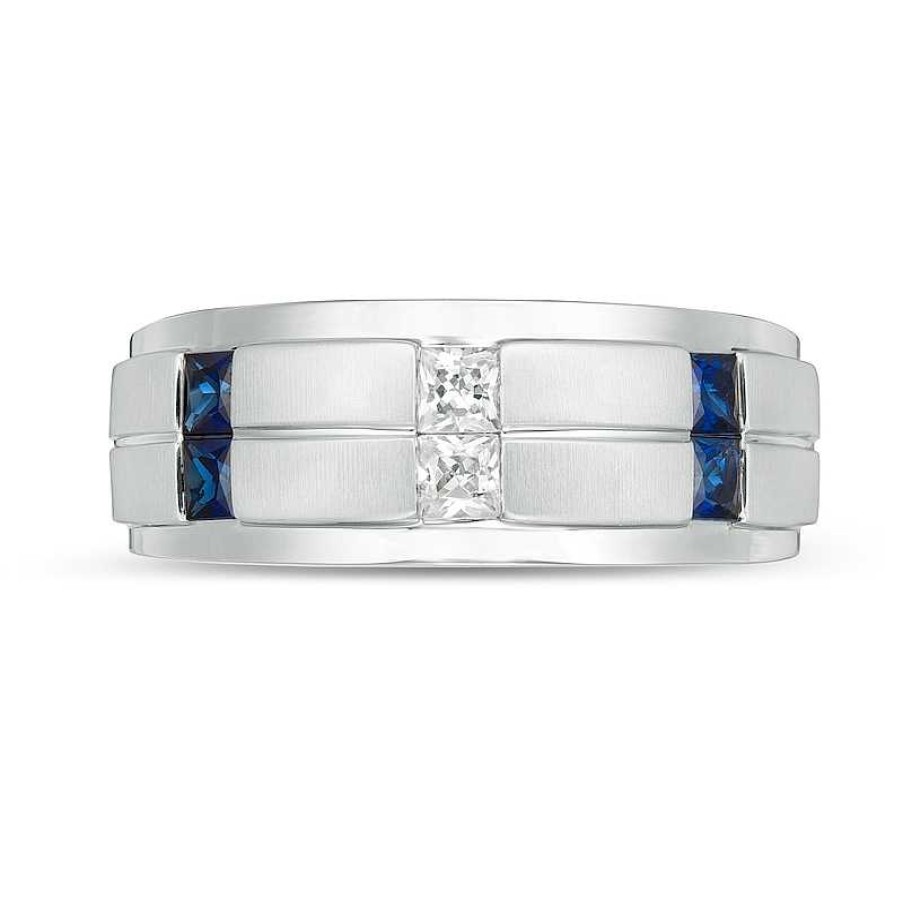 Zales Vera Wang Love Collection Men'S 1/4 Ct. T.W. Square-Cut Diamond And Blue Sapphire Wedding Band In 14K White Gold Rings