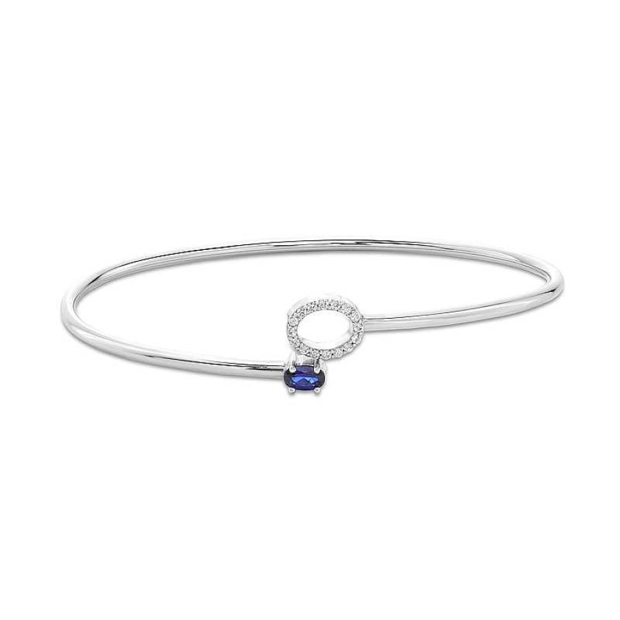 Zales Sideways Oval Blue And White Lab-Created Sapphire Frame Flexible Bangle In Sterling Silver Bracelets