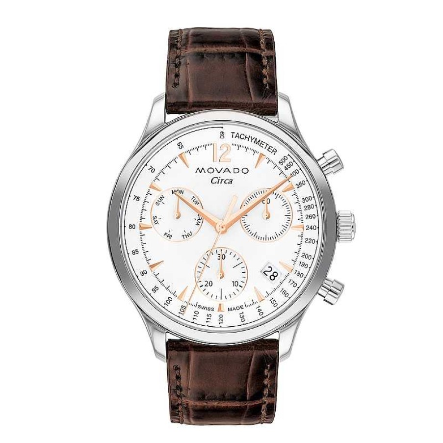 Movado Men'S Movado Heritage® Circa Chronograph Brown Leather Strap Watch With White Dial (Model: 3650132) Watches