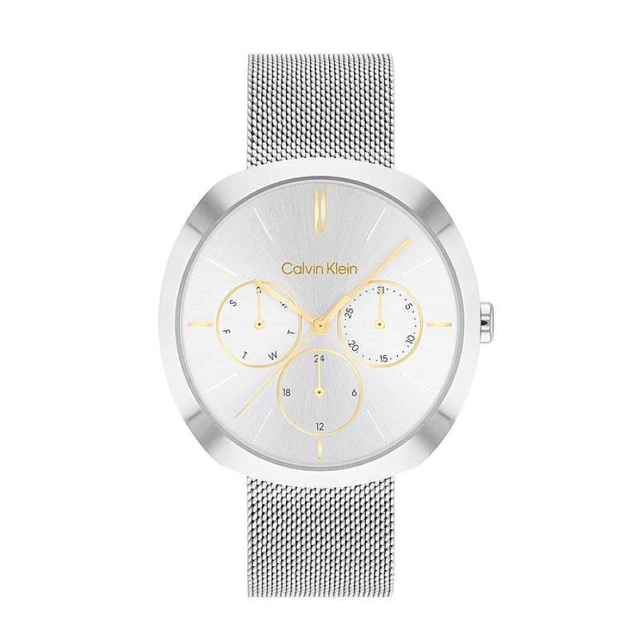 Calvin Klein Ladies' Calvin Klein Chronograph Mesh Watch With Gold-Tone Accent And Silver-Tone Sunray Dial (Model: 25200338) Watches