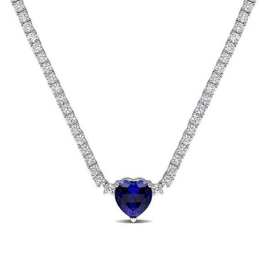 Zales 10.0Mm Heart-Shaped Blue Lab-Created Sapphire And White Lab-Created Sapphire Necklace In Sterling Silver - 15" Necklaces