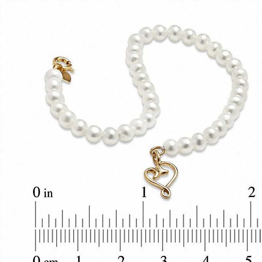 Zales 4.0 - 4.5Mm Cultured Freshwater Pearl Strand Bracelet With 10K Gold Heart Charm And Clasp - 6.0" Bracelets