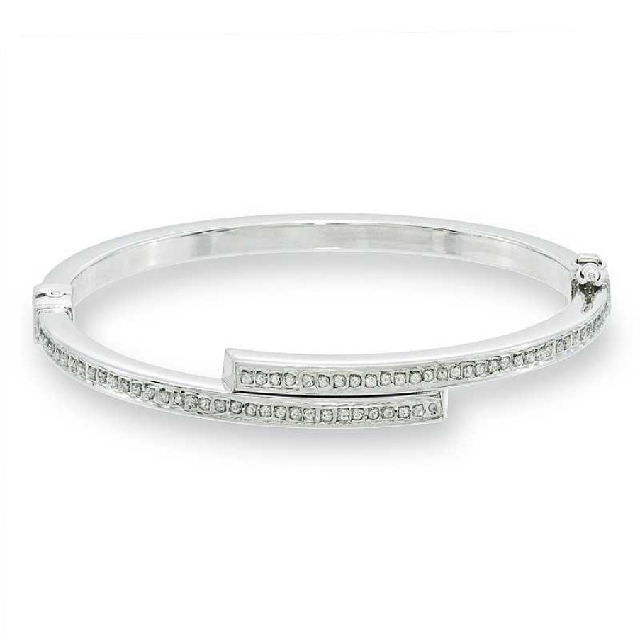 Zales Diamond Fascination Bypass Slip-On Bangle In Sterling Silver With Platinum Plate Bracelets