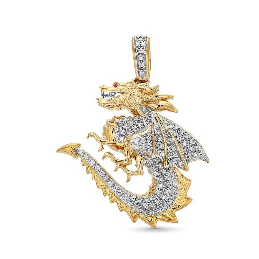 Zales Men'S 1/4 Ct. T.W. Diamond And Lab-Created Ruby Dragon Necklace Charm In 10K Gold Necklaces