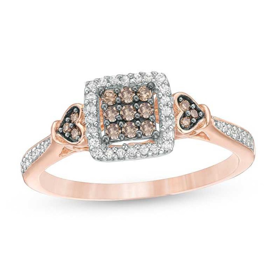 Zales 1/4 Ct. T.W. Champagne And White Composite Diamond Square Frame Heart-Sides Ring In 10K Rose Gold Rings