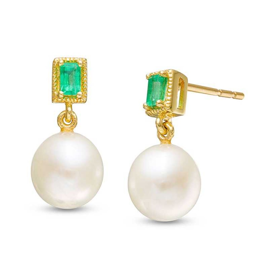 Zales 7.0Mm Cultured Freshwater Pearl And Baguette Emerald Vintage-Style Drop Earrings In 10K Gold Earrings