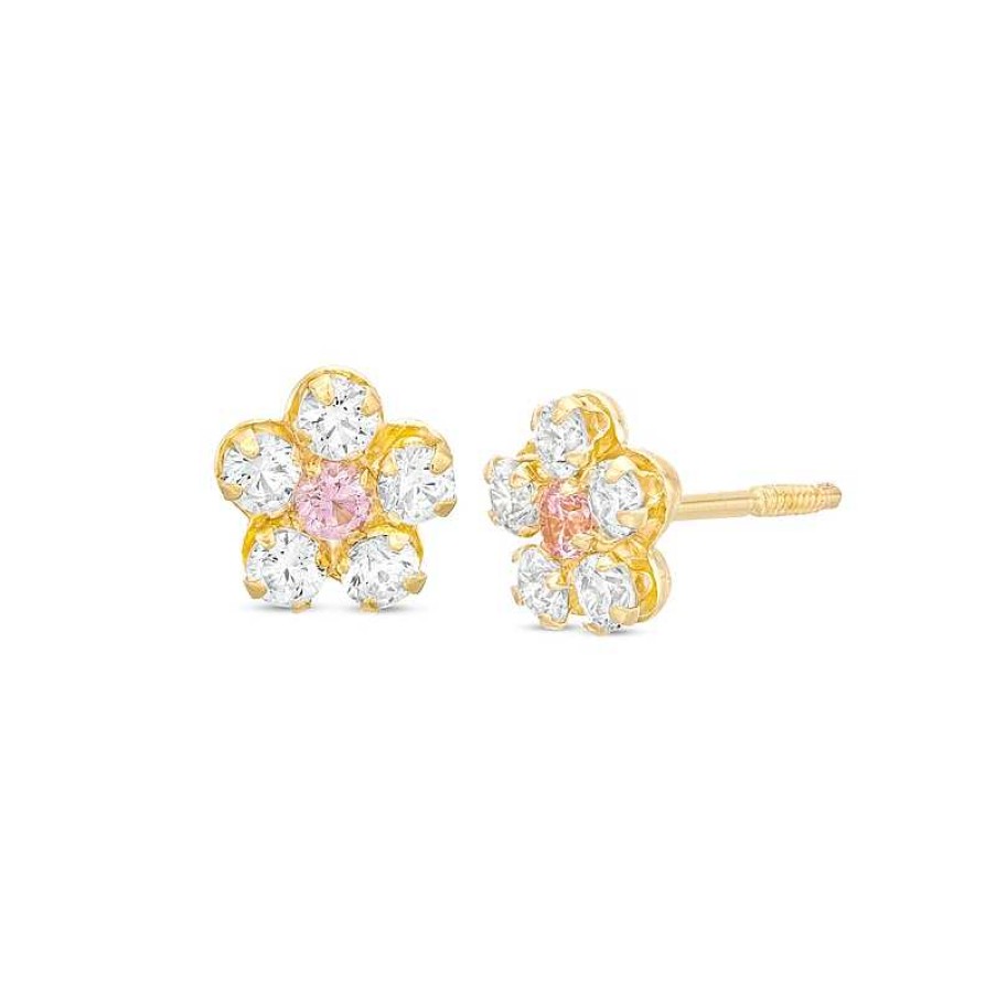 Zales Child'S Pink And White Cubic Zirconia Flower Stud Earrings In 14K Gold Earrings