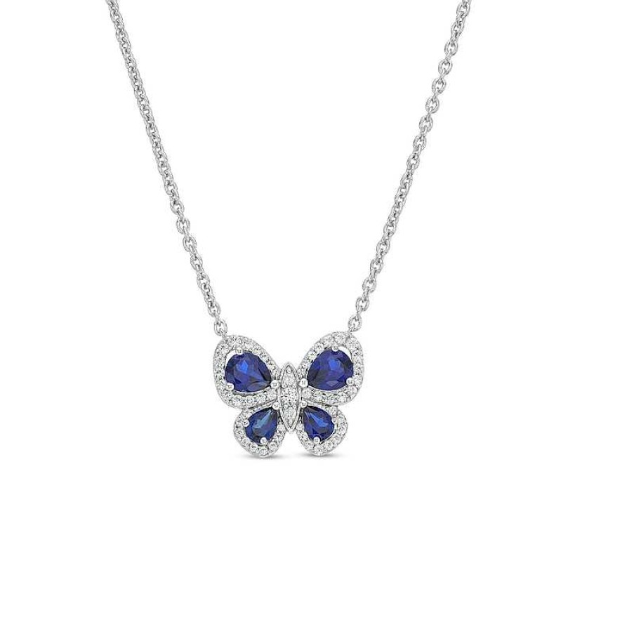 Zales Pear-Shaped Blue Lab-Created Sapphire And 1/4 Ct. T.W. Diamond Butterfly Necklace In Sterling Silver - 17" Necklaces