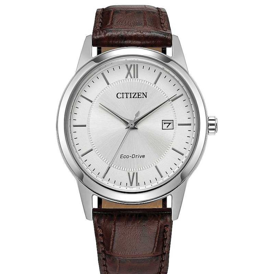 Citizen Men'S Citizen Eco-Drive® Classic Brown Leather Strap Watch With Silver-Tone Dial (Model: Aw1780-25A) Watches