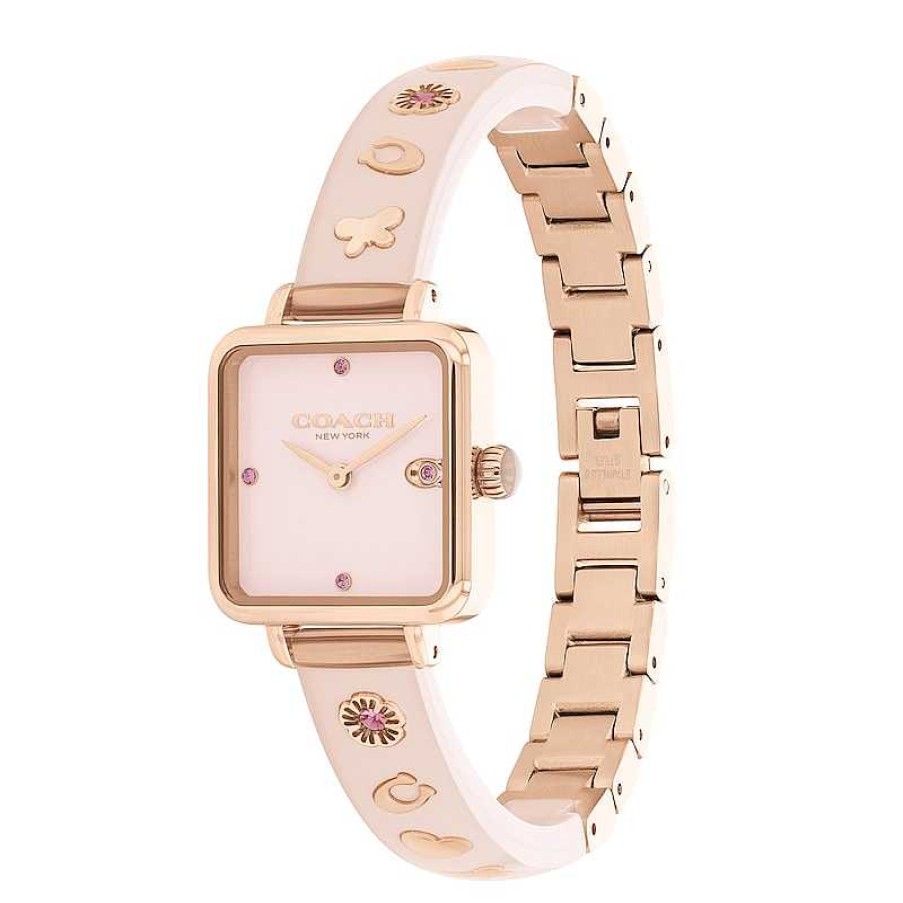 Coach Ladies' Coach Cass Crystal Accent Rose-Tone Ip Blush Resin Bangle Watch With Square Pink Dial (Model: 14504309) Watches