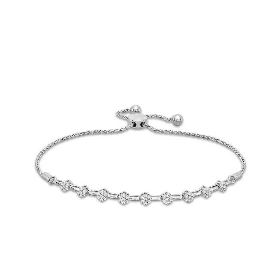 Zales 1/3 Ct. T.W. Multi-Diamond Flower Bolo Bracelet In Sterling Silver - 9.5" Bracelets