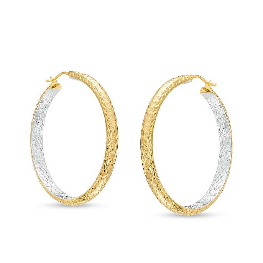 Zales Oro Diamante 35.0Mm Diamond-Cut Inside-Out Tube Hoop Earrings In 14K Two-Tone Gold Earrings