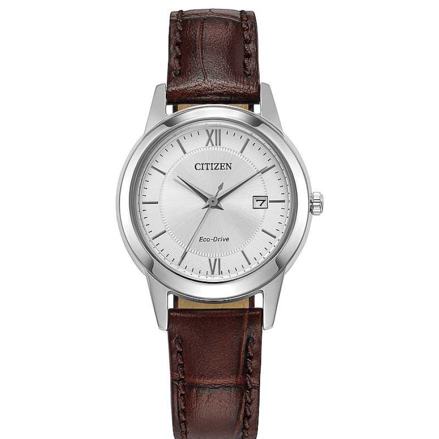 Citizen Ladies' Citizen Eco-Drive® Classic Brown Leather Strap Watch With Silver-Tone Dial (Model: Fe1087-28A) Watches