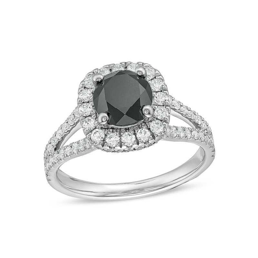 Zales 2-1/4 Ct. T.W. Black And White Diamond Cushion Frame Split Shank Engagement Ring In 14K White Gold Rings