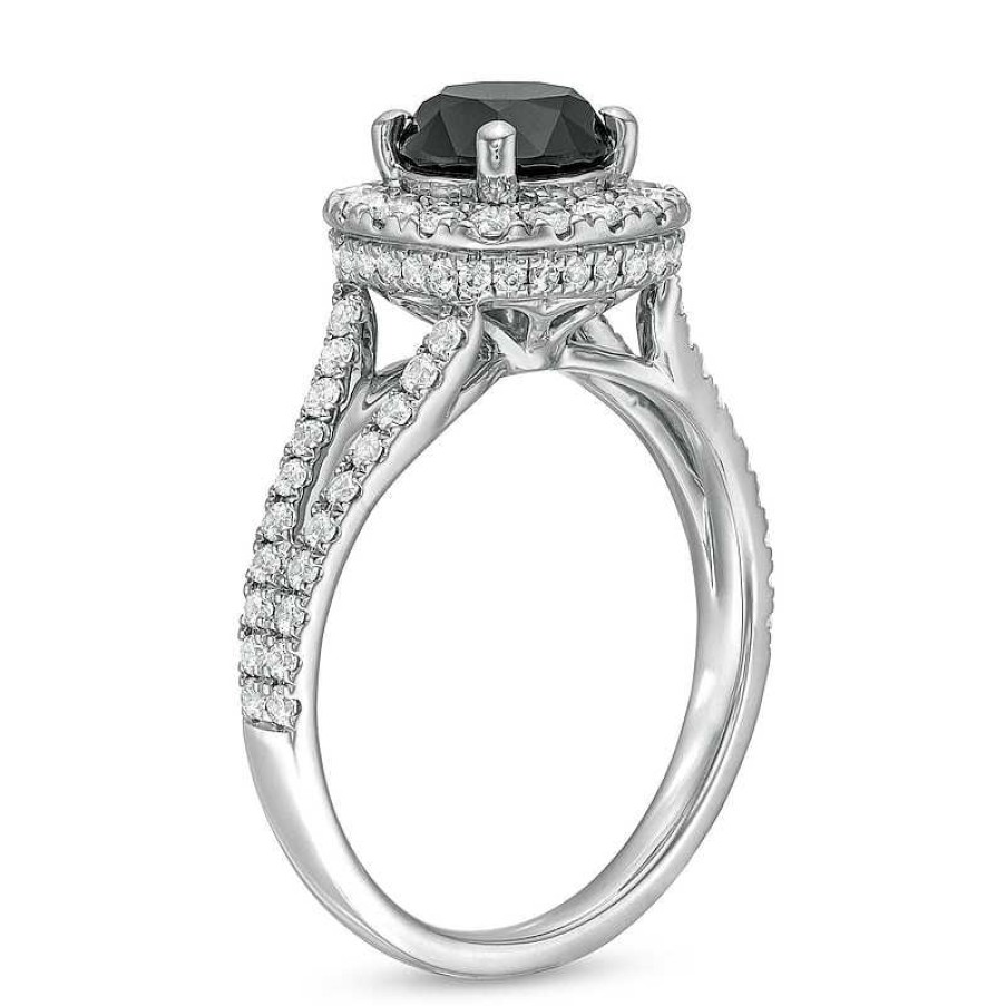 Zales 2-1/4 Ct. T.W. Black And White Diamond Cushion Frame Split Shank Engagement Ring In 14K White Gold Rings