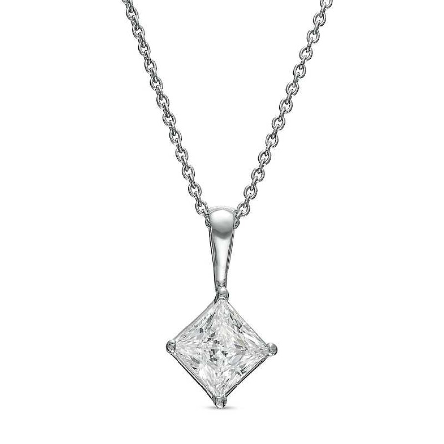 Zales 1 Ct. Certified Princess-Cut Lab-Created Diamond Tilted Solitaire Pendant In 14K White Gold (F/Si2) Necklaces