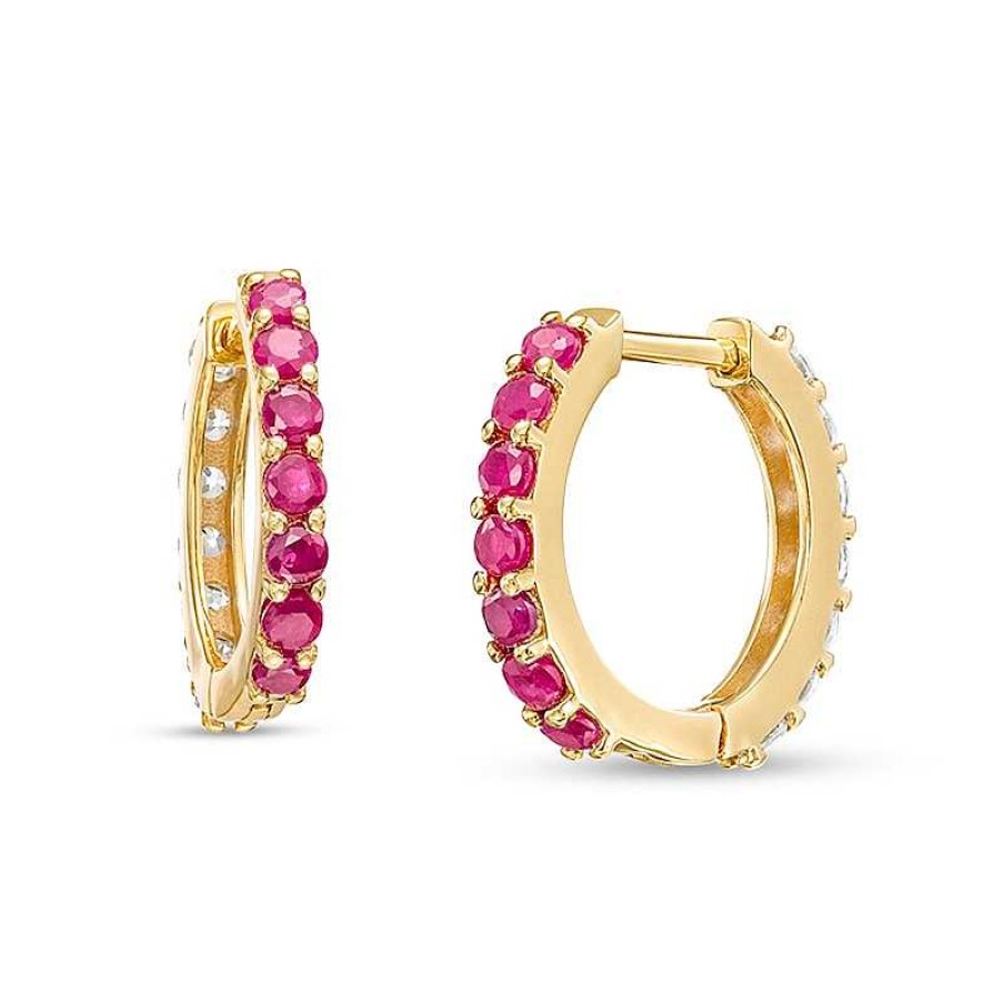 Zales Ruby And White Sapphire Reversible Huggie Hoop Earrings In 10K Gold Earrings