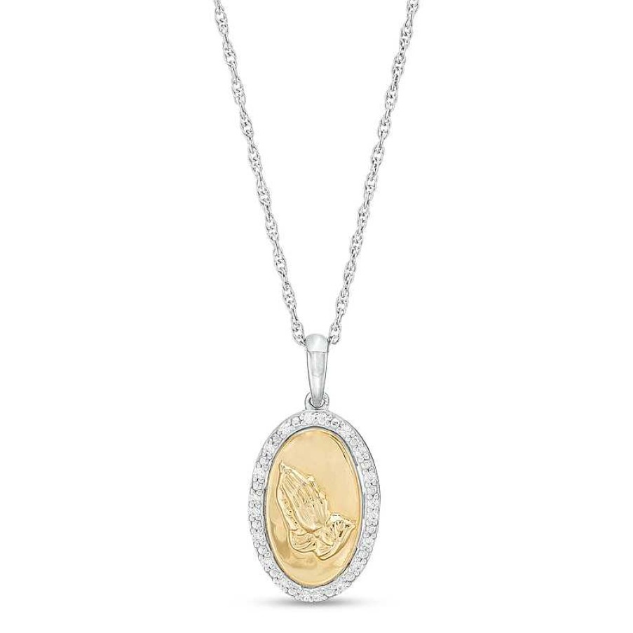 Zales 1/10 Ct. T.W. Diamond Frame Praying Hands Oval Medallion Pendant In Sterling Silver And 10K Gold Necklaces