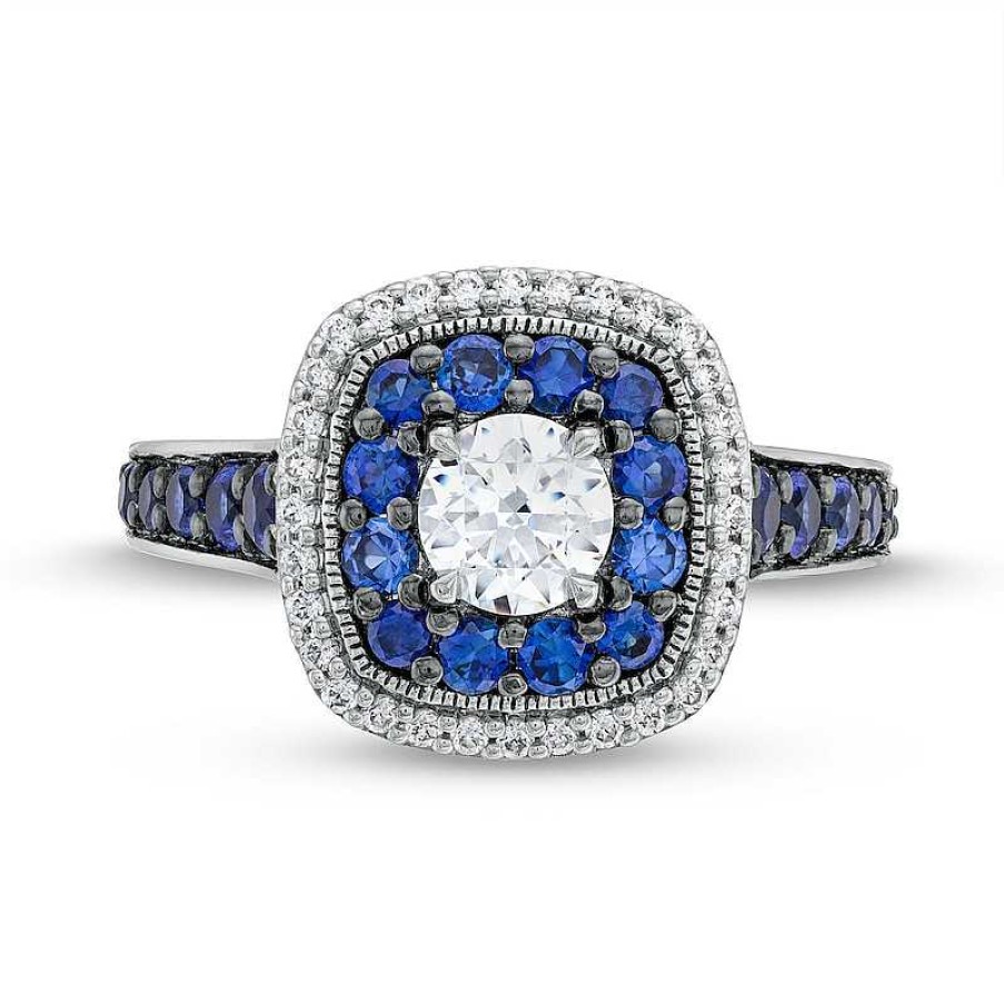 Zales Vera Wang Love Collection 3/4 Ct. T.W. Diamond And Blue Sapphire Cushion Frame Engagement Ring In 14K White Gold Rings