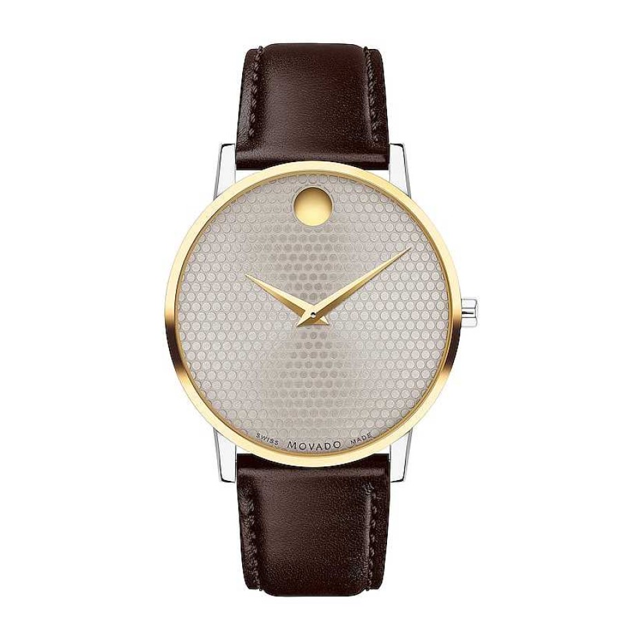 Movado Men'S Movado Museum® Classic Gold-Tone Pvd Brown Strap Watch With Dotted Grey Dial (Model: 0607800) Watches