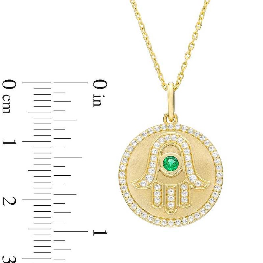 Zales Lab-Created Emerald And White Lab-Created Sapphire Frame Hamsa Medallion Pendant In Sterling Silver With 10K Gold Plate Necklaces