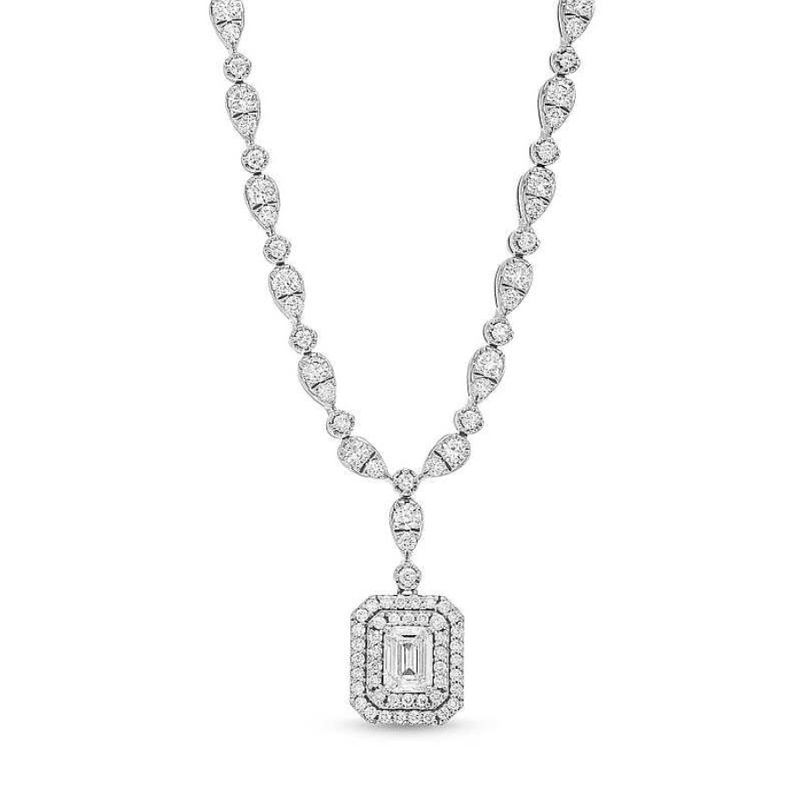 Zales 4-3/8 Ct. T.W. Emerald-Cut Lab-Created Diamond Halo Drop Necklace In 10K White Gold Necklaces