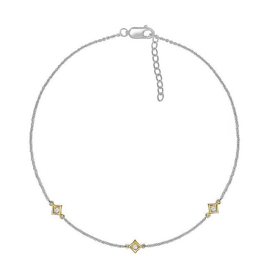 Zales 1/20 Ct. T.W. Diamond Triple Tilted Square Frame Anklet In Sterling Silver With 14K Gold Plate 10" Bracelets