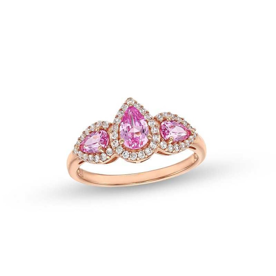 Zales Pear-Shaped Pink And White Lab-Created Sapphire Frame Three Stone Ring In 10K Rose Gold Rings