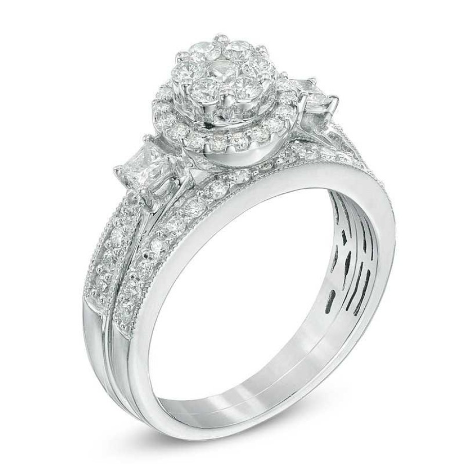 Zales 1 Ct. T.W. Round And Princess-Cut Diamond Flower Bridal Set In 10K White Gold Rings