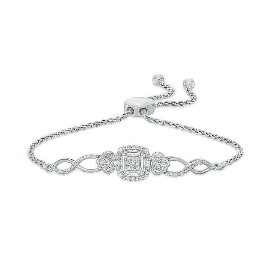 Zales 1/10 Ct. T.W. Diamond Cushion Frame Heart-Sides Twist Bolo Bracelet In Sterling Silver - 9.5" Bracelets