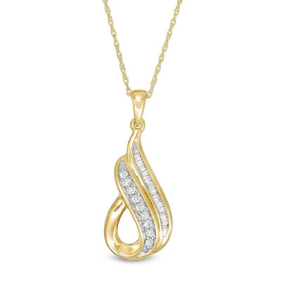 Zales 1/5 Ct. T.W. Baguette And Round Diamond Teardrop Pendant In 10K Gold Necklaces