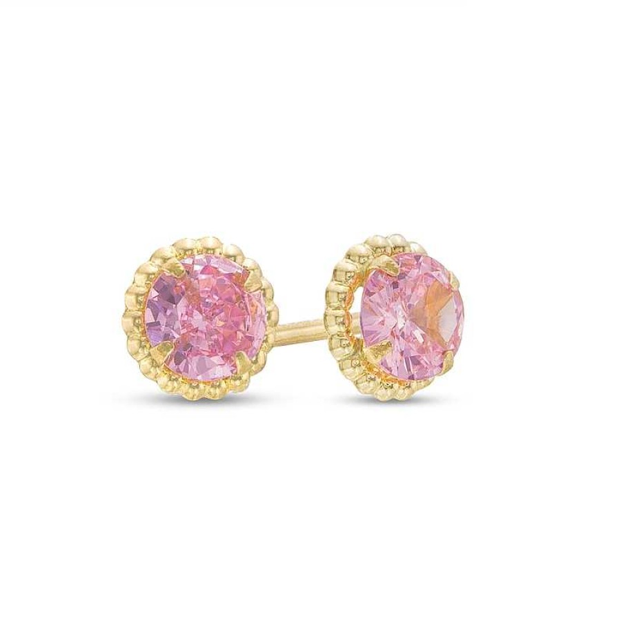 Zales Child'S Pink Cubic Zirconia Beaded Frame Stud Earrings In 14K Gold Earrings