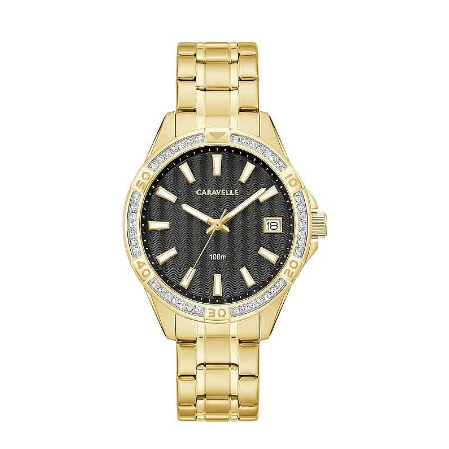 CARAVELLE Ladies' Caravelle By Bulova Aqualuxx Crystal Accent Gold-Tone Watch With Black Dial (Model: 44M116) Watches