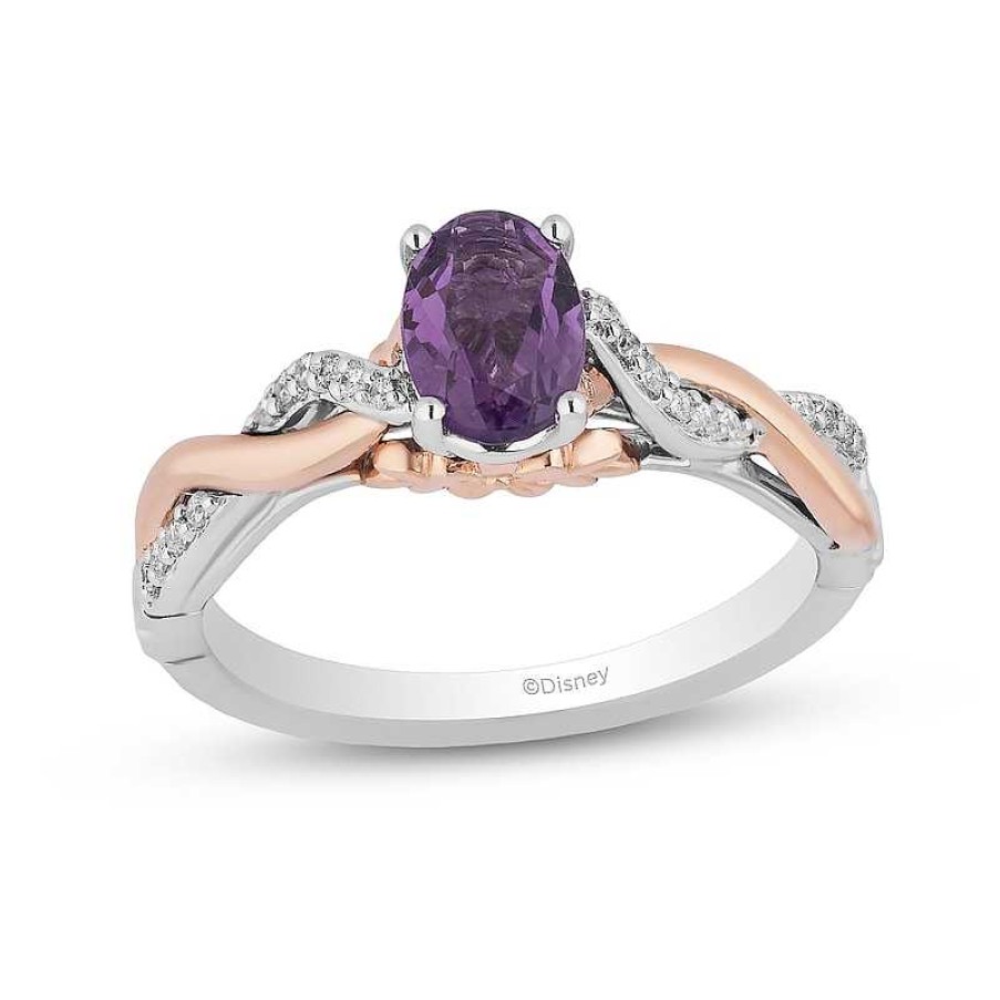 Zales Enchanted Disney Rapunzel Oval Amethyst And 1/10 Ct. T.W. Diamond Promise Ring In Sterling Silver And 10K Rose Gold Rings