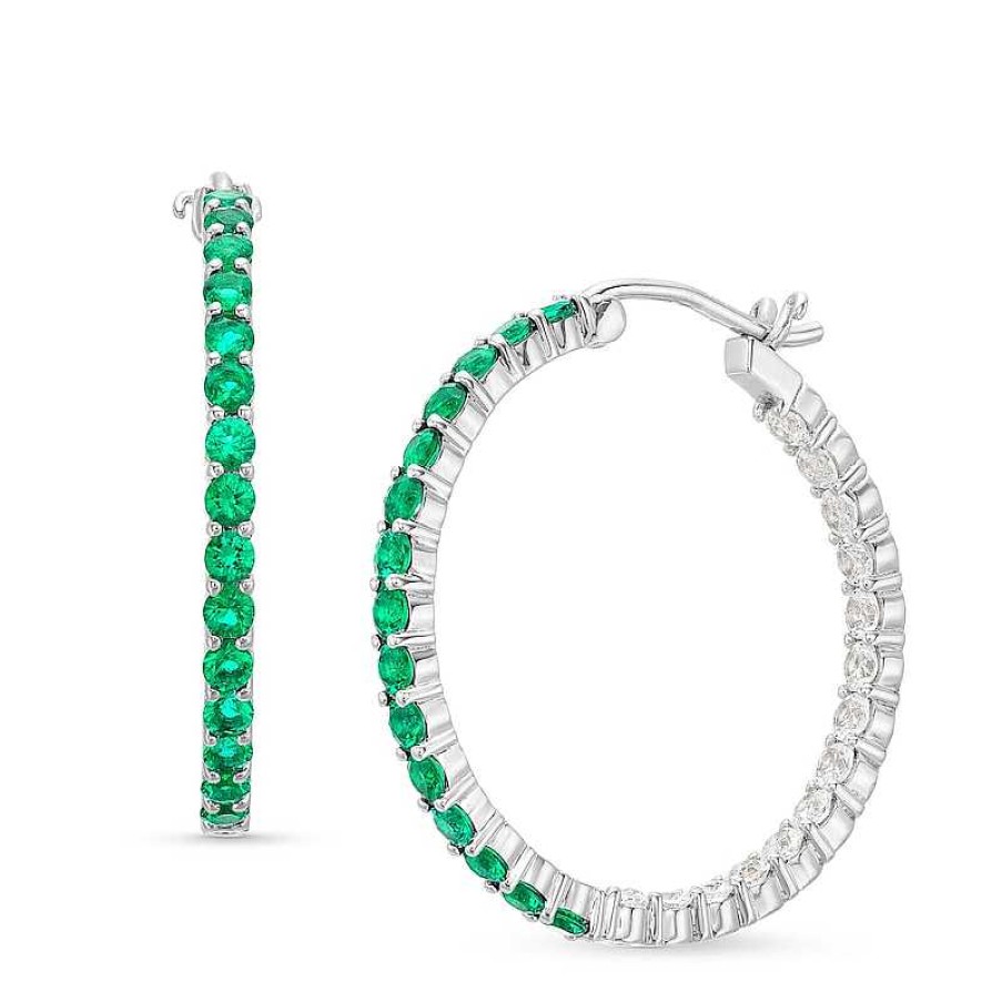 Zales Lab-Created Emerald And White Sapphire Inside Out Hoops In 10K White Gold Earrings