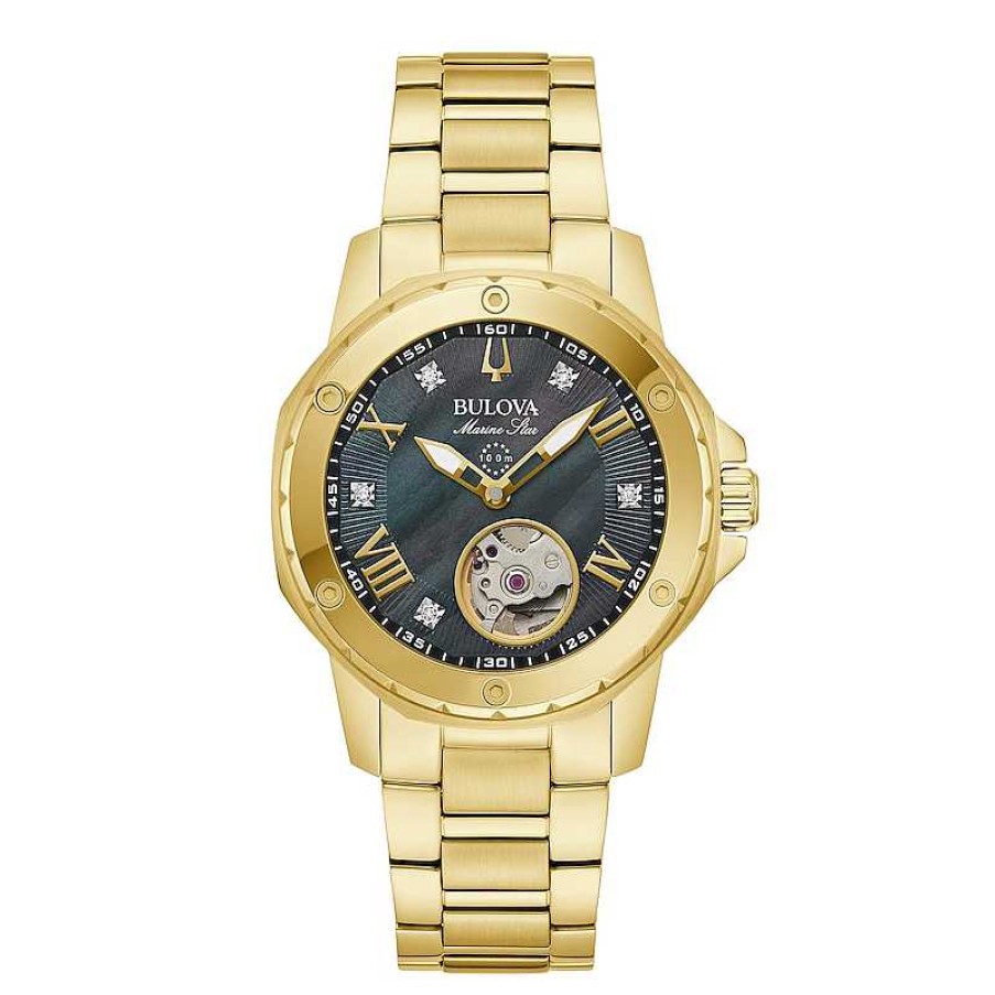 Bulova Ladies' Bulova Marine Star Black Mother Of Pearl And Diamond Dial Watch In Gold-Tone Stainless Steel (Model 97P171) Watches