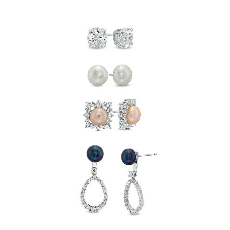 Zales Button Multi-Color Cultured Freshwater Pearl And Lab-Created White Sapphire Earrings And Jacket Set In Sterling Silver Earrings