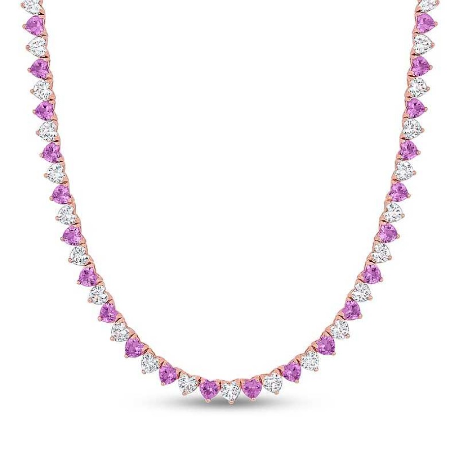 Zales Heart-Shaped Pink And White Lab-Created Sapphire Line Necklace In Sterling Silver With Rose Gold Flash Plate Necklaces