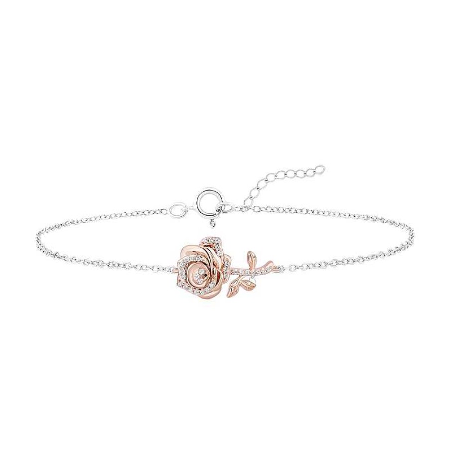 Zales Enchanted Disney Belle 1/6 Ct. T.W. Diamond Rose Bracelet In Sterling Silver And 10K Rose Gold - 9.5" Bracelets