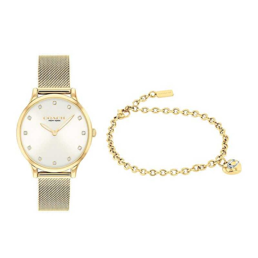 Coach Ladies' Coach Chelsea Crystal Accent Gold-Tone Ip Mesh Watch And Bracelet Set (Model: 14000109) Watches