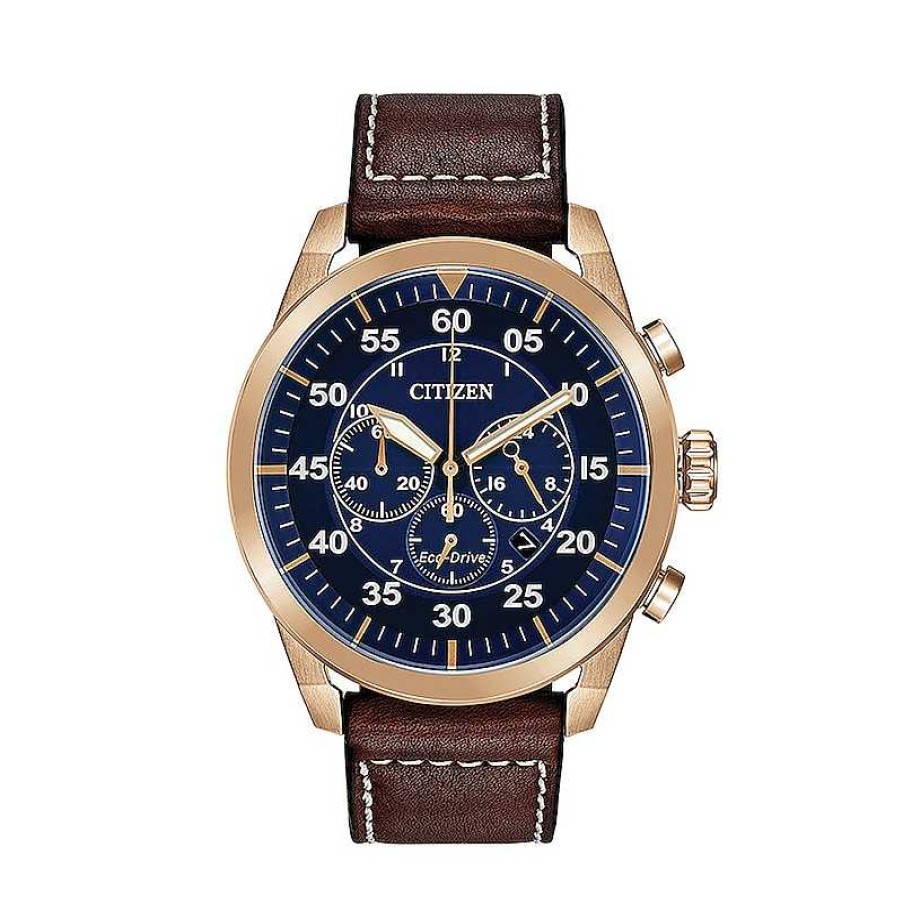 Citizen Men'S Citizen Eco-Drive® Avion Chronograph Gold-Tone Strap Watch With Blue Dial (Model: Ca4213-18L) Watches