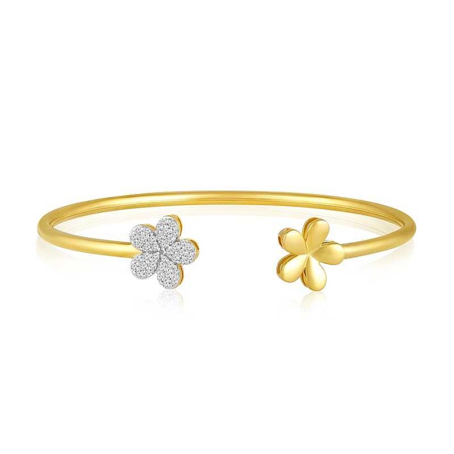 Zales 1/3 Ct. T.W. Diamond Flower Open Bangle In 10K Gold Bracelets