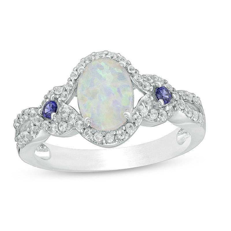 Zales Oval Lab-Created Opal, Blue Sapphire And White Sapphire Open Frame Twist Shank Ring In Sterling Silver Rings