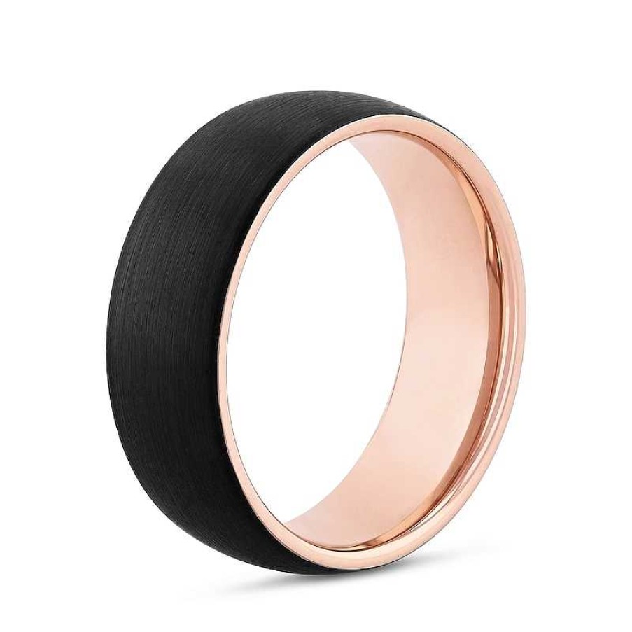 Zales Men'S 8.0Mm Brushed Low Dome Comfort-Fit Engravable Wedding Band In Tungsten With Black And Rose Ip (1 Line) Rings